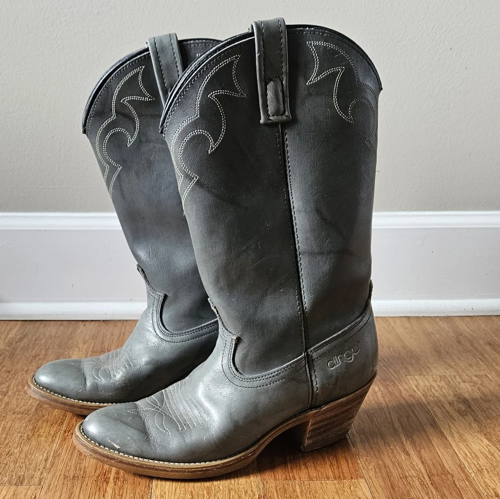 Vintage DINGO 5965 Gray Distressed LEATHER Western Cowboy Boots Mens Size 8 D